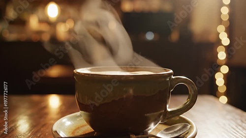 Wallpaper Mural Steaming hot coffee cup on wooden table in cozy cafe Torontodigital.ca