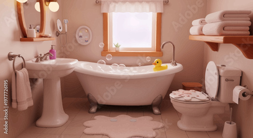 Cozy Bathroom Scene: Bathtub with Bubbles, Rubber Duck, and Toiletries