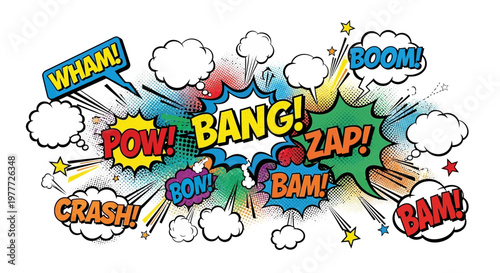 Explosion of comic book sound effects: Pow, Bang, Zap, Boom, Crash, Bam!