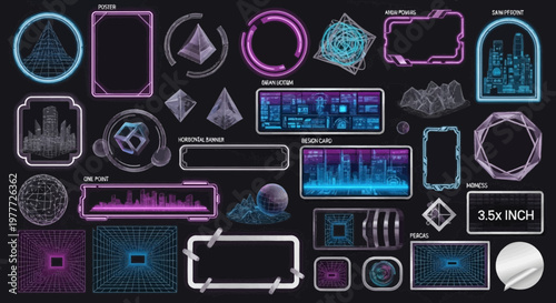 Futuristic UI Elements and Frames: Sci-Fi HUD, Neon Borders, Geometric Shapes, Cityscapes