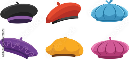 Cartoon berets in colorful vector illustration of fashion accessories and stylish hats