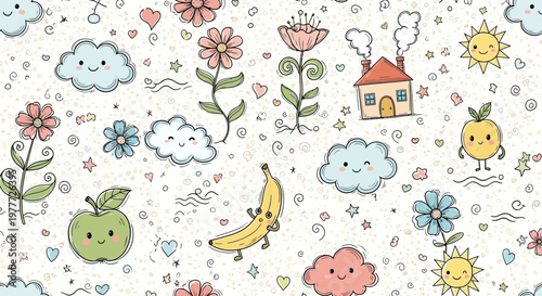 Cute Kawaii Doodles: Happy Sun, Clouds, Fruits, Flowers, House, Banana
