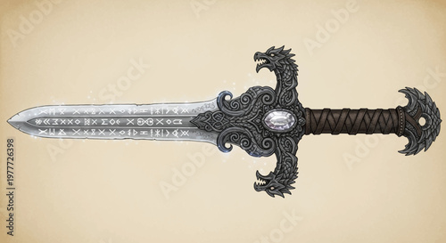 Fantasy Dragon Sword with Ancient Runes and Gemstone