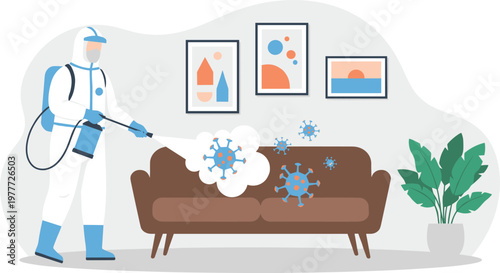 Cartoon disinfection in colorful vector illustration of sanitation and virus removal
