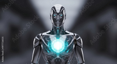 Futuristic Robot with Glowing Blue Core, AI and Technology Concept