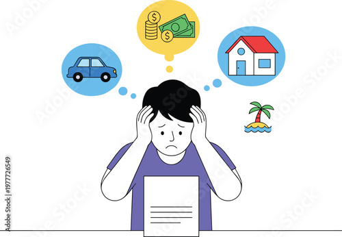 Cartoon financial thoughts in colorful vector illustration of money, car, house, and vacation