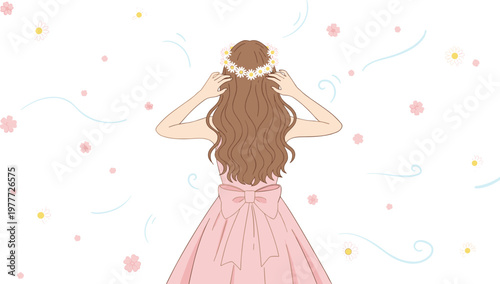 Cartoon floral girl in colorful vector illustration of spring flowers and pastel design