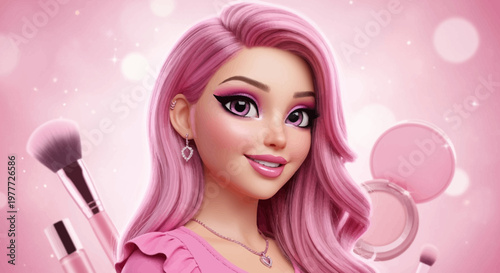 Glamorous Pink Haired Woman with Makeup Brushes and Cosmetics, Beauty Concept
