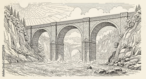 Historic Stone Aqueduct Bridge Over Rushing River in a Scenic Mountain Landscape