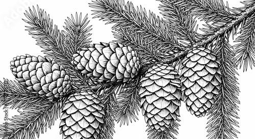Pine Cone Branch Black and White Illustration - Vintage Style Evergreen Tree Detail