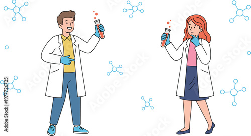 Cartoon scientists in colorful vector illustration of laboratory research and chemistry