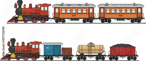 Cartoon trains in colorful vector illustration of passenger and freight railway