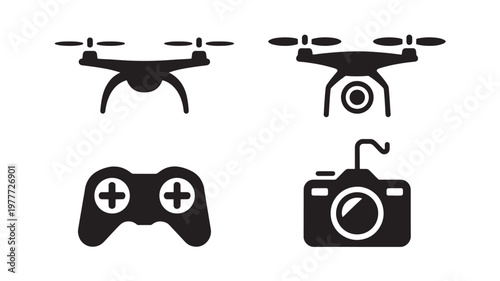 Drone Icons Set Aerial Camera and Gaming Controller Technology Symbols Minimal Black