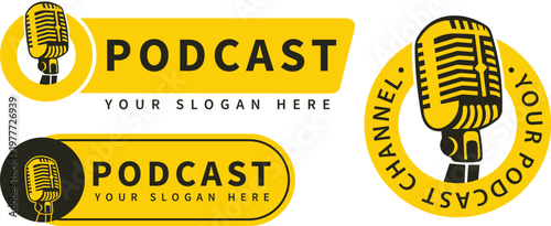 Vintage microphone radio podcast logo designs collection, podcasting logo icon vector templates