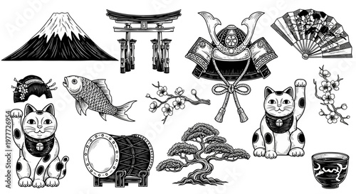 Japanese Cultural Icons: Mt. Fuji, Torii Gate, Samurai Helmet, Koi Fish, Maneki Neko, Bonsai Tree