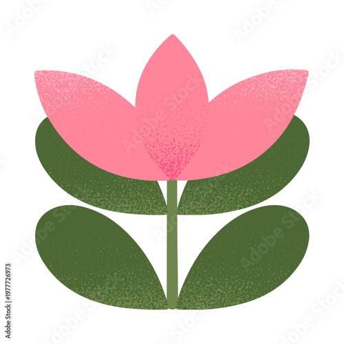 Geometric pink flower with green leaves.Botanical element with soft grain texture.Modern decorative blooming plant for prints,cards,branding,packaging.