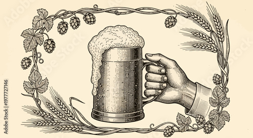Hand Holding Frothy Beer Mug Framed by Hops and Wheat Vintage Illustration