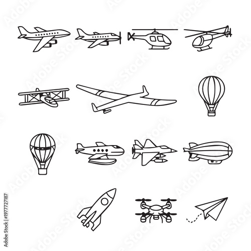 Collection of diverse airborne vehicles and aircraft drawn in simple outline style for graphic design projects