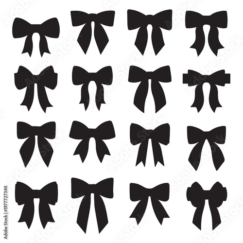 Collection of diverse black bow silhouettes against a clean white background