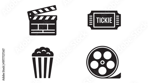 Cinema Icons Set Minimal Black Movie Clapperboard Ticket Popcorn Film Reel Symbols