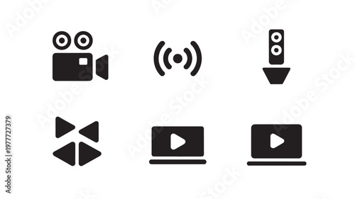 Multimedia Icons Set Minimal Black Video Audio Playback Streaming Symbols for Media Production and App Interface Design