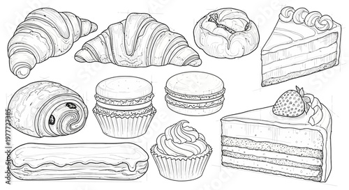 Hand-drawn Bakery Assortment: Croissants, Cakes, Macarons, Eclair, Cupcake, Bread