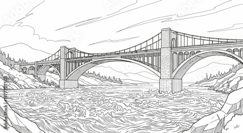 Majestic suspension bridge spanning a turbulent river with mountains in the background, line art.