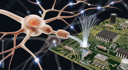 Neural Network and Microchip: AI, Technology, and Brain-Computer Interface Concept
