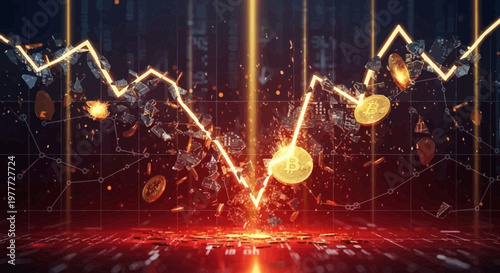 Stock Market Crash: Falling Graph, Exploding Coins, and Digital Data Background