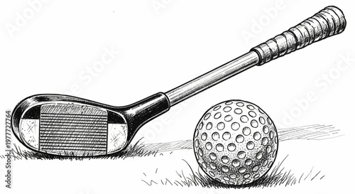 Vintage Golf Club and Ball on Grass - Black and White Illustration