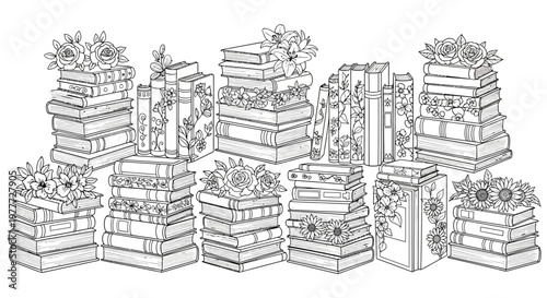 Whimsical Stacked Books with Floral Decorations, Outline Illustration