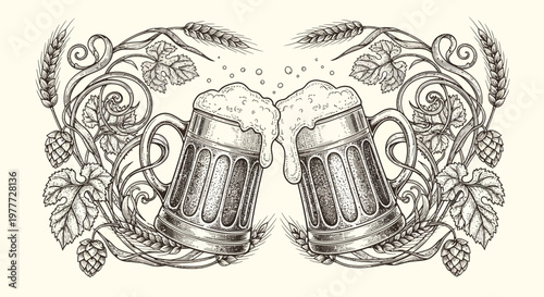 Vintage Beer Mugs Clinking with Hops and Barley Illustration