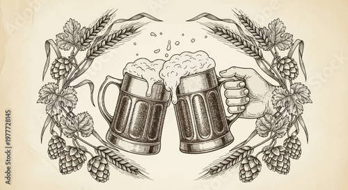 Vintage Beer Mugs Toasting with Hops and Barley Frame