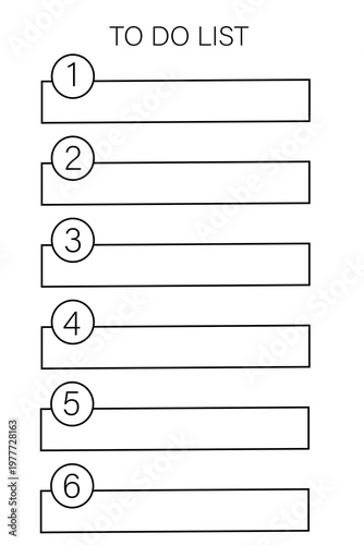 Checklist template to-do list with numbered rectangular boxes, minimal line outline design. High-res PNG. Suitable for planners, task management, productivity apps, UI, UX, workflow organization 