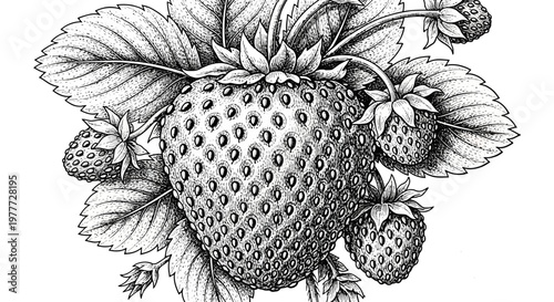 Vintage Strawberry Illustration: Hand-Drawn Black and White Fruit with Leaves and Stems