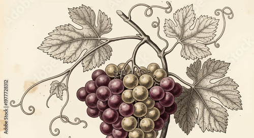 Vintage Grapes Illustration: Bunch of Red and Green Grapes with Leaves and Tendrils