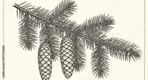 Vintage Spruce Branch with Cones Illustration