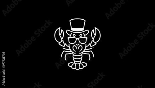 Lobster wearing a top hat and sunglasses is illustrated in a bold white line style against a solid black background for a sophisticated seafood brand.