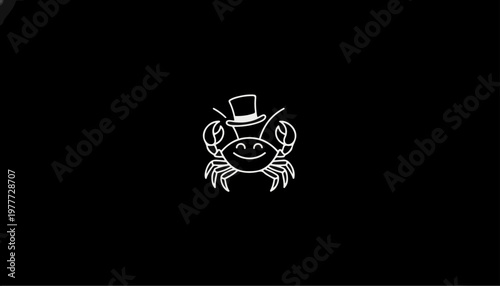 Crab wearing a formal top hat is depicted as a whimsical white line art drawing centered to provide maximum negative space for professional branding.