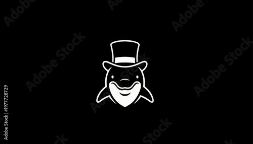 Dolphin wearing a top hat represents a sophisticated and playful character design created for a modern brand logo on a solid black background.