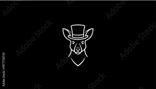 Kangaroo icon wearing a dapper top hat is depicted in a clean and elegant white line art style over a solid black background for modern logos.