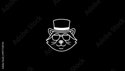 Raccoon icon wearing a top hat and modern sunglasses is presented in a clean white outline style against a deep black background for branding.