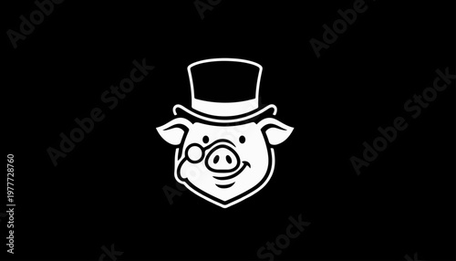 Pig wearing a formal top hat and a monocle represents a sophisticated and wealthy character design for branding projects.