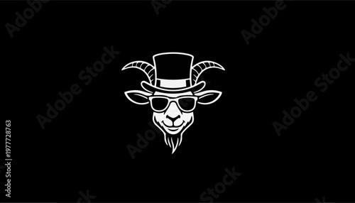 Goat character wearing a top hat and sunglasses is depicted in a clean minimalist vector graphic style against a solid black background.