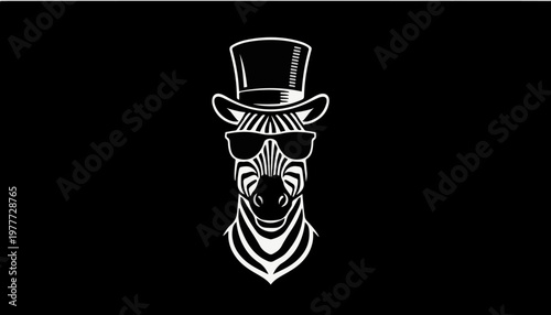 Zebra wearing a top hat and sunglasses is depicted in a stylized graphic design that serves as a professional vector logo on black.