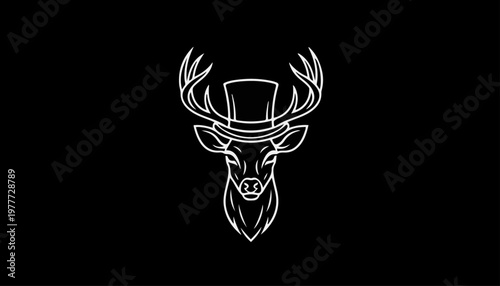 Deer head illustration features a sophisticated top hat design rendered in clean white lines against a solid black background for elegant branding.
