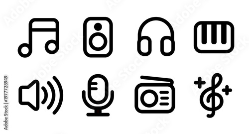 music icons with microphone and instruments and musical notation set