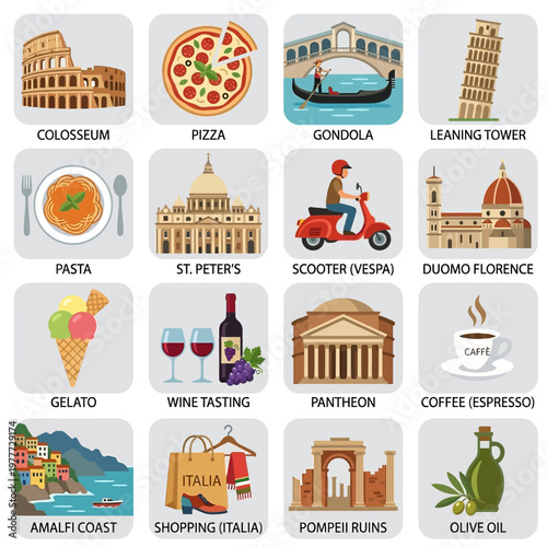 A Collage of Iconic Italian Landmarks Foods and Cultural Symbols Presented in a Grid Format
