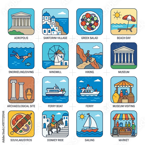 Collection of Vacation and Travel Icons Representing Greek and Mediterranean Destinations and