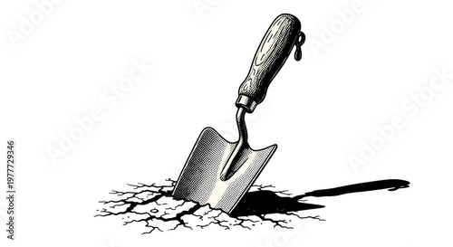 Closeup of a trowel digging into cracked dry soil